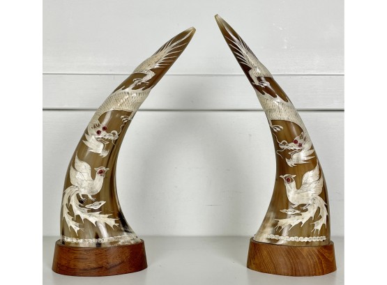 Pair Of Horns With Carved Dragon Motif