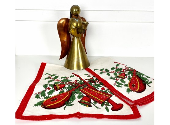 12' Tall Brass Christmas Angel Candle Holder & 2 Vintage Tea Towels