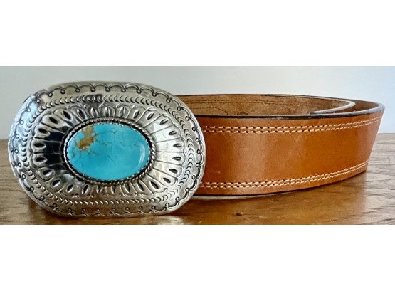D.C. Thomas Signed Sterling And Turquoise Belt Buckle With Belt