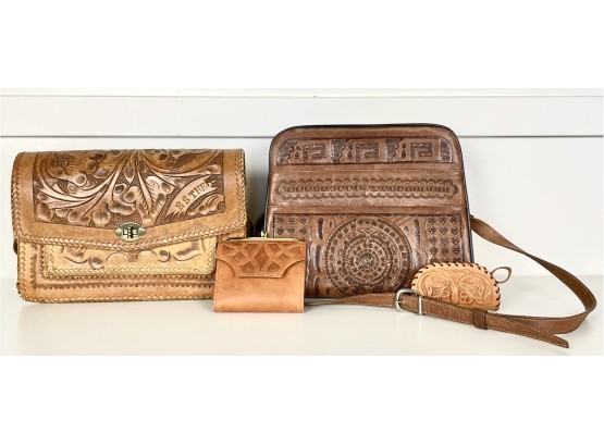 Vintage Tooled Leather Purses, Wallet, And Change Purse