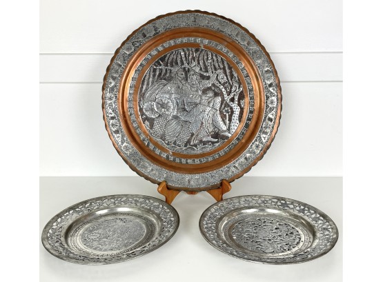 Collection Of Vintage Decorative Plates With Silver And Copper Finish