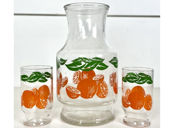 Vintage Orange Juice Pitcher & 2 Juice Glasses