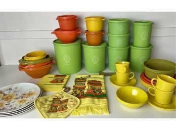 Large Collection Of Vintage Colorful Tupperware Including Canisters With Never Used Labels & More