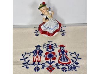 Vintage Goebel 1967 Dancing Bavarian Girl With Hand Stitched Dutch Table Runner