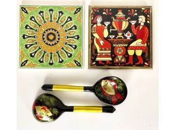 Pair Of Handmade Tiles & Lacquered Serving Spoons With Fish Motif