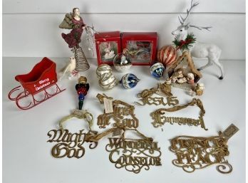 Assorted Christmas Decor Including Angel Tree Topper & Little Nativity