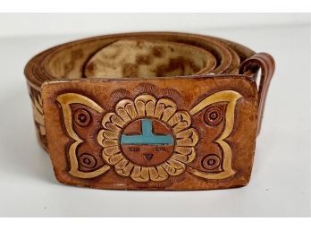 Painted Leather Belt & Buckle With Kachina Motif