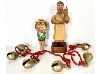 Carved Wood Bottle Stopper & Anri Butcher/Doctor With Vintage Brass Bells