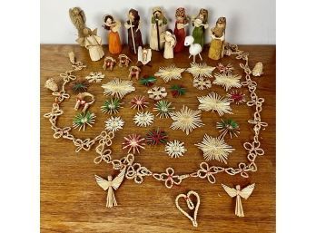 Scandinavian Straw Christmas Ornaments & Garland With Corn Husk Nativity Figures