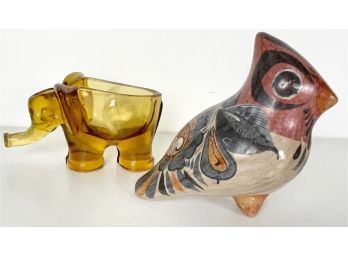 Mexican Folk Art Bird And Glass Elephant Ashtray