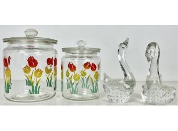 2 Sweet Vintage Anchor Hocking Tulip Canisters & Glass Swans