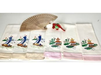 6 Vintage Embroidered Tea Towels With Asian Theme, Fan, & Elephant