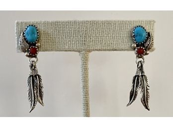Pair Of Signed Sterling, Coral, & Turquoise Post Earrings