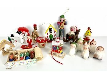 Assorted Vintage Wooden Christmas Ornaments, Music Box, & More