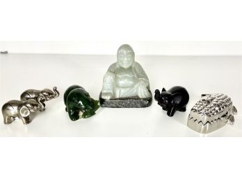 Carved Buddha & Animals Including Silver Plate Elephant Place Card Holders, Alligator Clock, & More