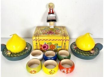 Painted Dutch Box With Napkin Rings, Bottle Stopper, &  Anri Candle Holders
