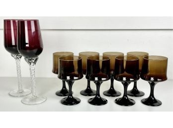 8 Mid Century Smoked Glass Goblets & 2 Large Amethyst Wine Glasses