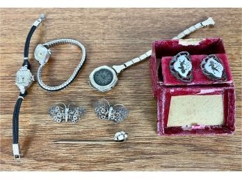 Vintage Jewelry Including Thai Silver Screw Back Earrings & Women's Bulova Watches