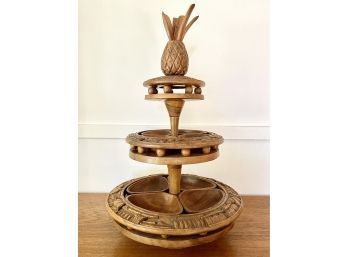 Mid Century Monkey Pod, 3 Tiered Lazy Susan With Pineapple Motif