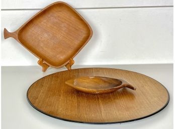 Mid Century Wood Platter & 2 Fish Dishes