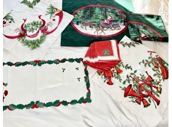 Fun Vintage Christmas Linens Including 12 Napkins, 2 Tablecloths, Runner, & 4 Pillow Shams