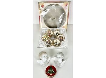 Vintage Hummel Christmas Ornaments, Lladro Angels, & Enameled Trinket Box