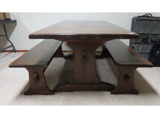 Large Craftsman Style Wood Table & 2 Benches