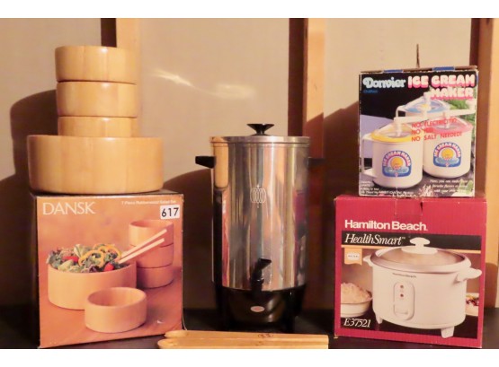 Dansk Rubberwood Salad Set, Vintage Coffee Percolator, Ice Cream Maker, & Rice Cooker In Boxes