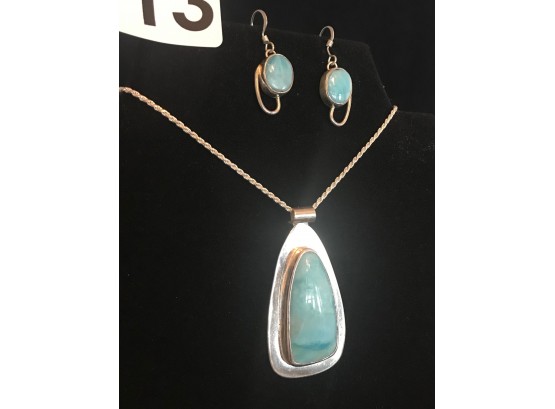 Sterling Silver Pendant & Earrling W/what Appears To Be Amazonite Stones