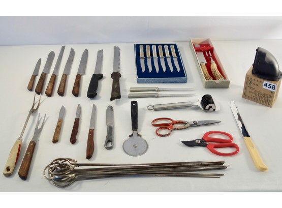 Assorted Cutlery, Including German Bone Handle Carving Set, Rada Carbon Steak Knives & ICook Knife Sharpener