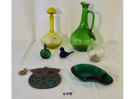 Vintage Glass Including Blenko 6630s Decanter W/Sticker & Swedish Bird Figurine