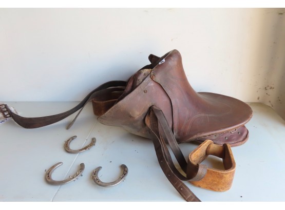 Vintage Leather Saddle W/ Wood Stirrups And 3 Horseshoes
