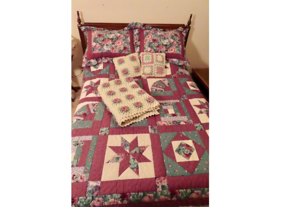 Queen Quilted Comforter W/Matching Shams & Hand Crocheted Coordinating Throw & Pillos