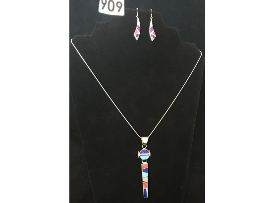 Gorgeous Sterling Silver & Stone Inlay Pendant On Chain W/ Matching Earrings