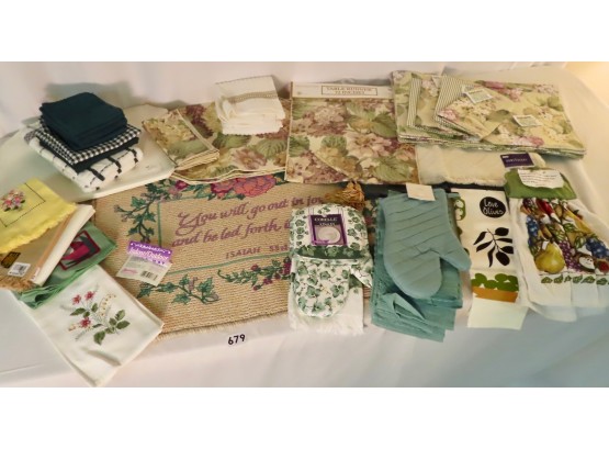 Large Assortment Of Green, Tan, Cream New Table Linens, Kitchen Towels, & Doormat