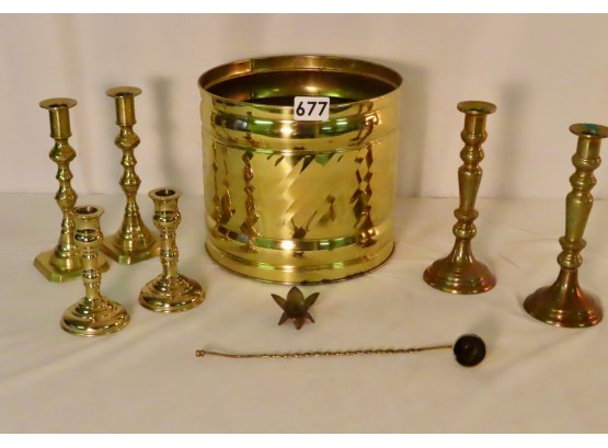 Brass Décor Including Planter, 3 Pairs Of Candle Sticks, & More