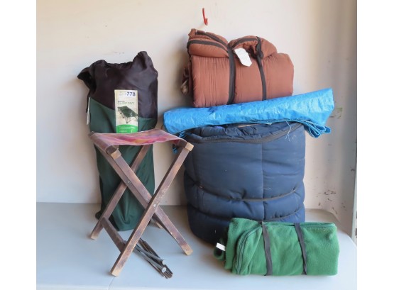 Camp Cot, 2 Sleeping Bags, Camp Stool, Tarp, Blanket & Camp Stakes