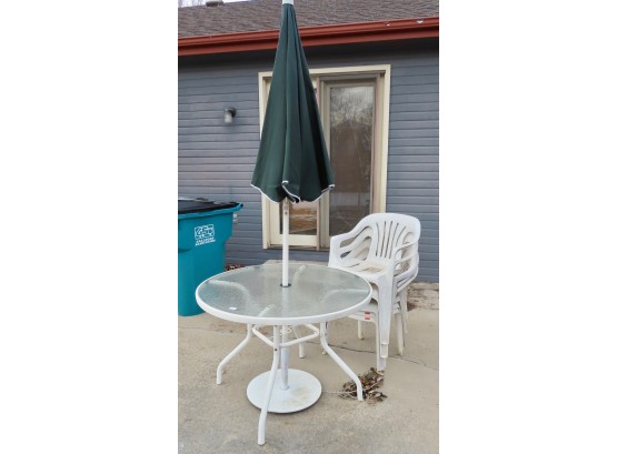 Table W/Glass Top, 8 Stacking Plastic Chairs, & Umbrella