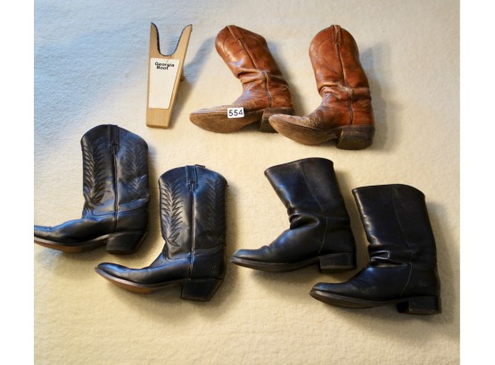 3 Pairs Of Women's Boots: Brown Tony Lama, Black Diamond J (Sz 8.5), Black Santana Canada (Sz 9.5)