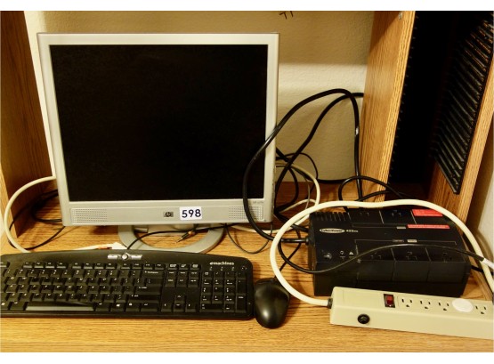 Computer Monitor, Keyboard, Mouse, Powerstrip, & Battery Backup Surge Protector