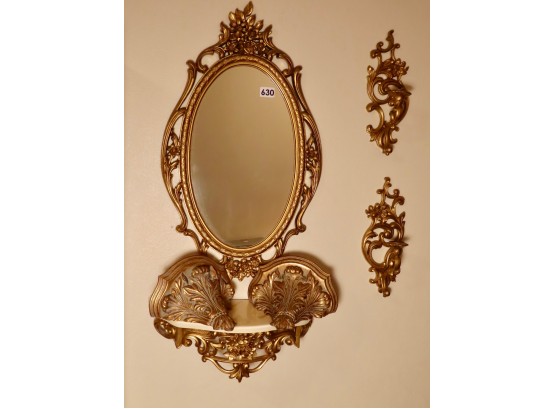 Rococo Style Wall Mirror W/Marble Look Ledge, 2 Matching Candle Holders, & 2 Gilt Style Wall Ledges