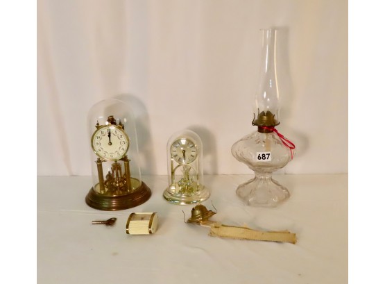Vintage German Glass Domed Clock (Needs Work), Glass Oil Lamp, Mid Century Travel Clock, & More
