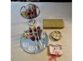 Glass Perfume Bottles, Mirror Tray, Vanity Mirror, Ring Holders, Vintage Mother Of Pearl Manicure Tools, & Mor