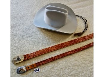 2 Tooled Belts W/Buckles & Women's Western Hat