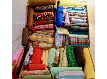 3 Boxes Of Fabric Pieces, Many Vintage