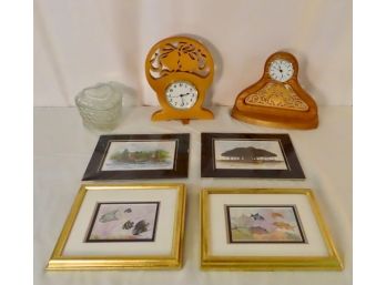 2 Handcarved Clocks, 4 Nature Prints, & A Glass Heart Box