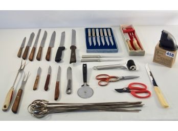 Assorted Cutlery, Including German Bone Handle Carving Set, Rada Carbon Steak Knives & ICook Knife Sharpener