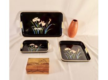 NIB Japanese Lacquered Nesting Trays, Wood Inlay Miniature Sewing Box, & Vase