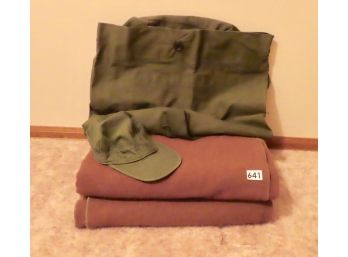 2 Wool Army Blankets, Army Hat, & Army Duffel Bag