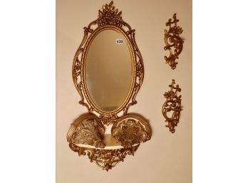 Rococo Style Wall Mirror W/Marble Look Ledge, 2 Matching Candle Holders, & 2 Gilt Style Wall Ledges